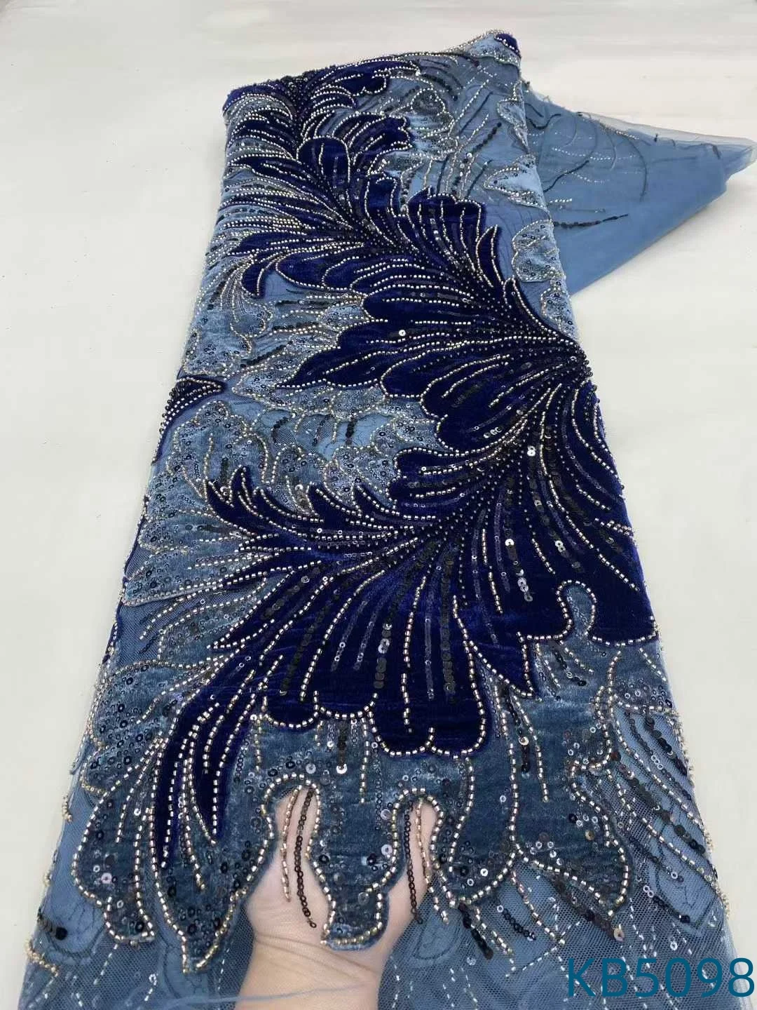 African Lace Fabric 5 Yards High Quality 2025 Velvet Sequins Embroidery Beaded French Mesh Tulle Lace Fabrics For Sewing KB5098