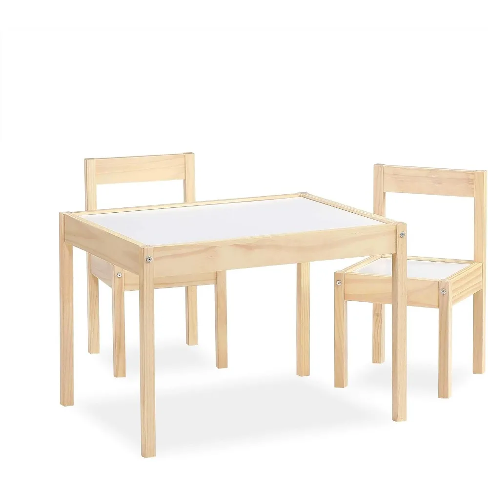 3-Piece Kiddy Table & Chair, Natural/White Table Set,Sturdy wood construction that,hips in one box, Easy assembly required