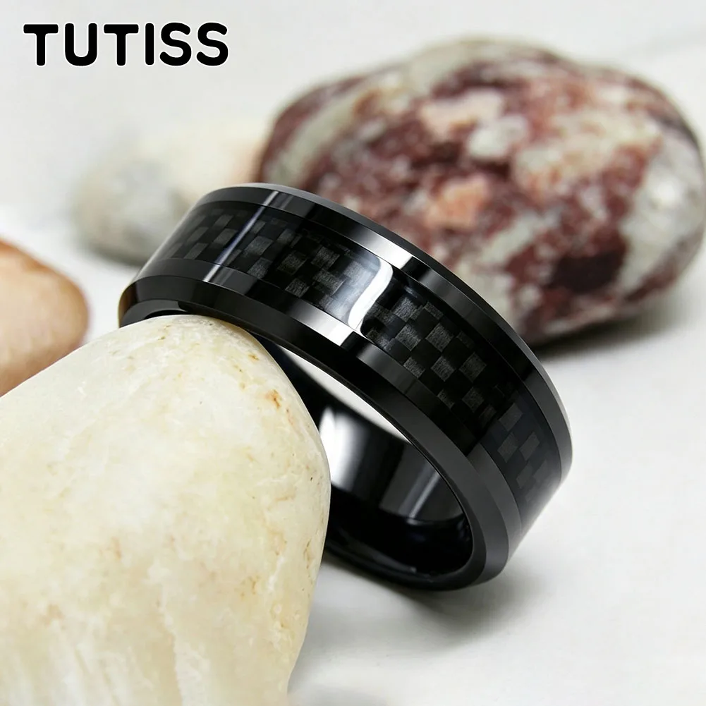 Men 6/8mm Multicolor Tungsten Carbide Ring, Black Carbon Fiber Inlay Beveled Edge Polished Wedding Band Engagement Promise Ring view 4