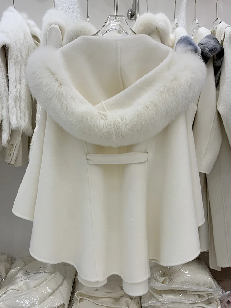 Polsini con collo in vera pelliccia di volpe cappotto allentato cintura Streetwear 2023 lana Cashmere miscele giacca invernale donna naturale spessa calda