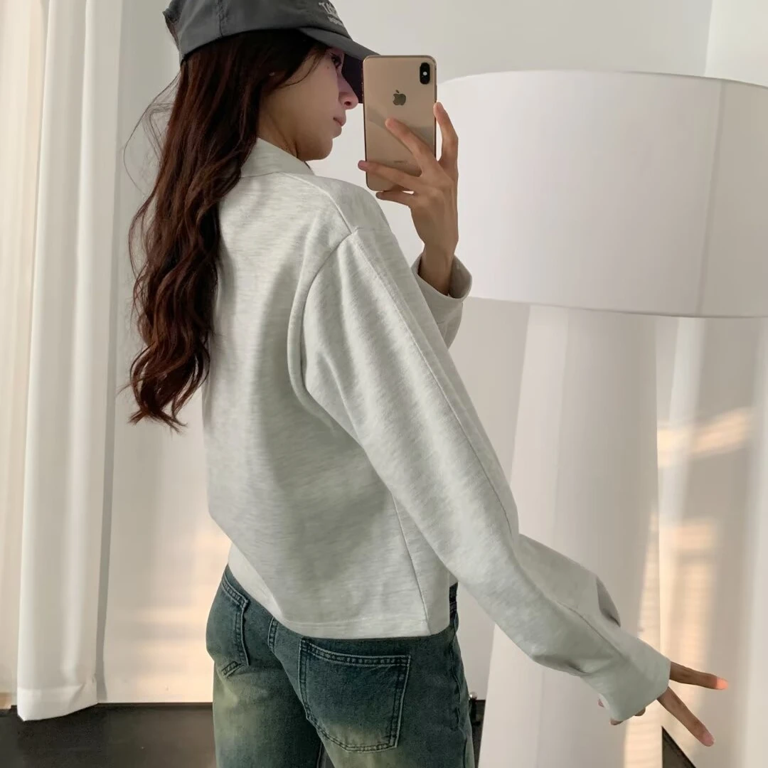 고품질 베이직 스페이스 코튼 Ne 스웨트 여성용 심플 턴다운 칼라 박시핏 피부 친화적인 에어 레이어 롱 슬리브