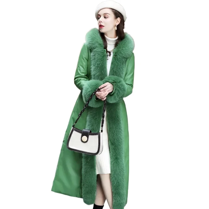 90% White Duck Down Women's Down Jacket Fox Fur Collar Hooded Coat Female Real Sheepskin Leather Jackets Women Casaco Zjt2071