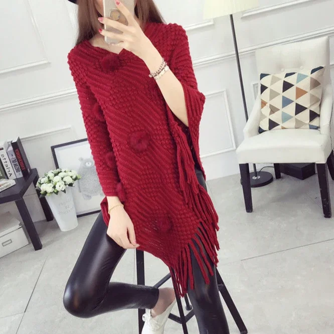 Spring Autumn Tassel Shawl Female Cloak Wool Ball Sweater Coat Loose V-neck Girl Warm Fashion Leisure Red Shawl Wrap Sweater