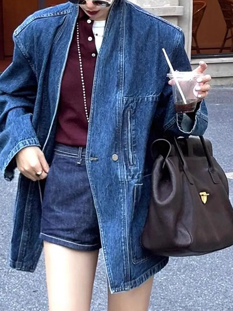 

Women's Collarless Loose Denim Suit Jacket Vintage Solid Color Tops Long Sleeved Outerwear Female Casual Fashionable Thin Coat