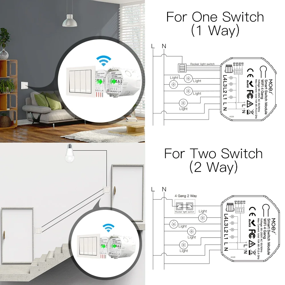 Mini DIY WiFi Smart Light Switch 4 Gang 1/2 Way Module Smart Life/Tuya App Wireless Remote Control Work with Alexa Google Home