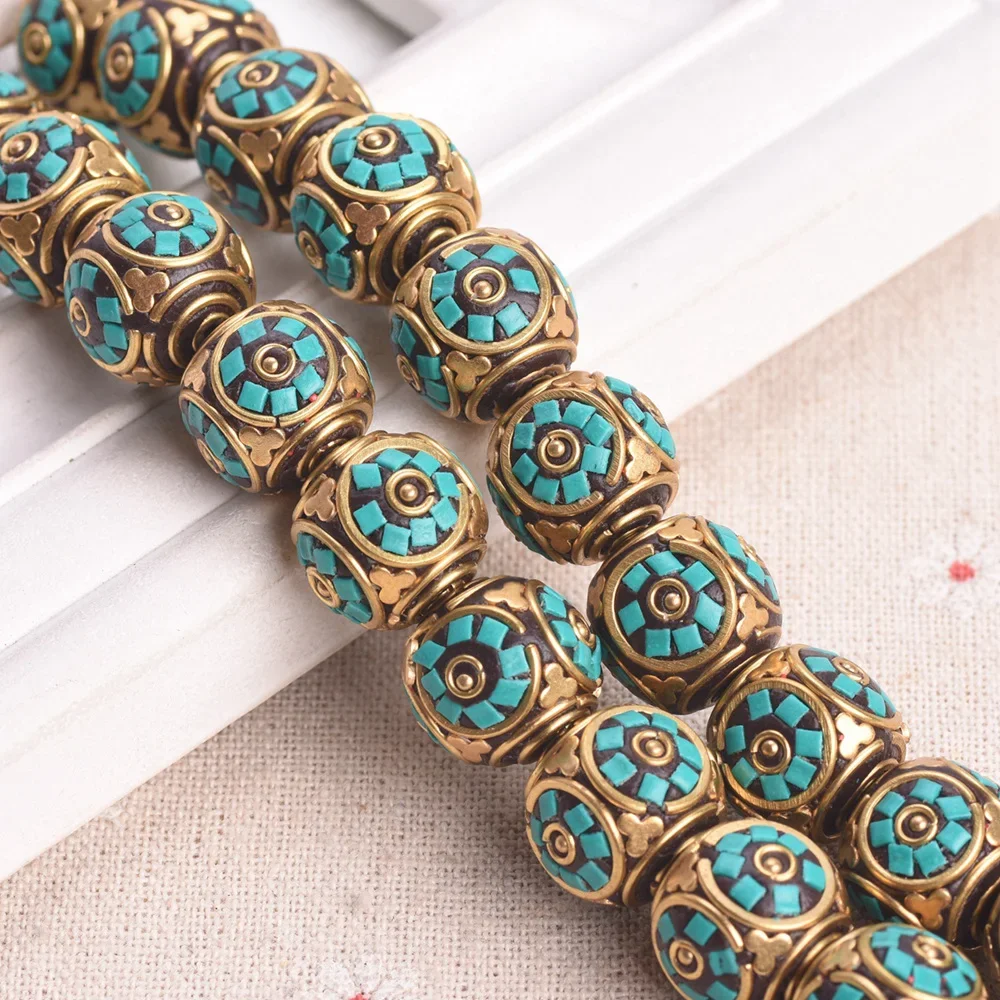 2pcs 15mm-17mm Round Handmade Nepalese Tibetan Buddhist Brass Metal Clay Loose Beads For DIY Jewelry Making Accessories