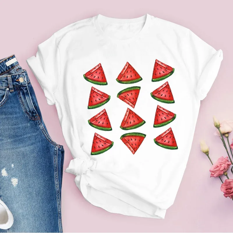 Plus Size Women Graphic Watercolor Watermelon Fruit Cartoon Short Sleeve Printed Tops Lady Tees Clothing Wear Womens T-Shirt