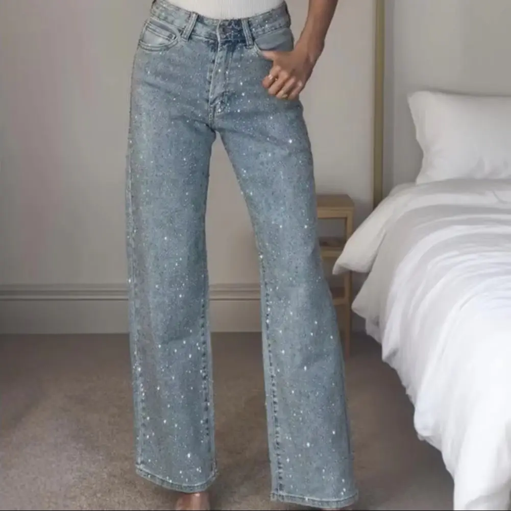 2025 Women Faux Pearl Embellished Jeans Elegant Women Jeans Trendy Faux Pearl Strass Embellished High Waist Jeans Wide Leg pants