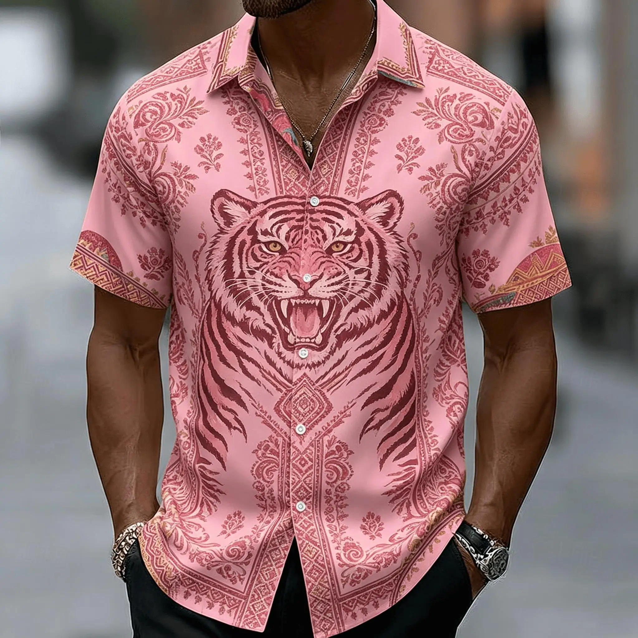 Men's Tiger Floral Ornate Print Short Sleeve Lapel Shirt Summer Beach Loose Vacation Casual Mens Tops