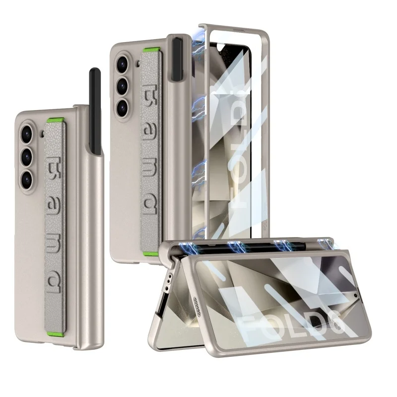 Magnetic Wrist Strap Hinge Pen Container Phone Case For Samsung Galaxy Z Fold 7 6 5 4 3 With Screen Glass Shockproof Hard Cover