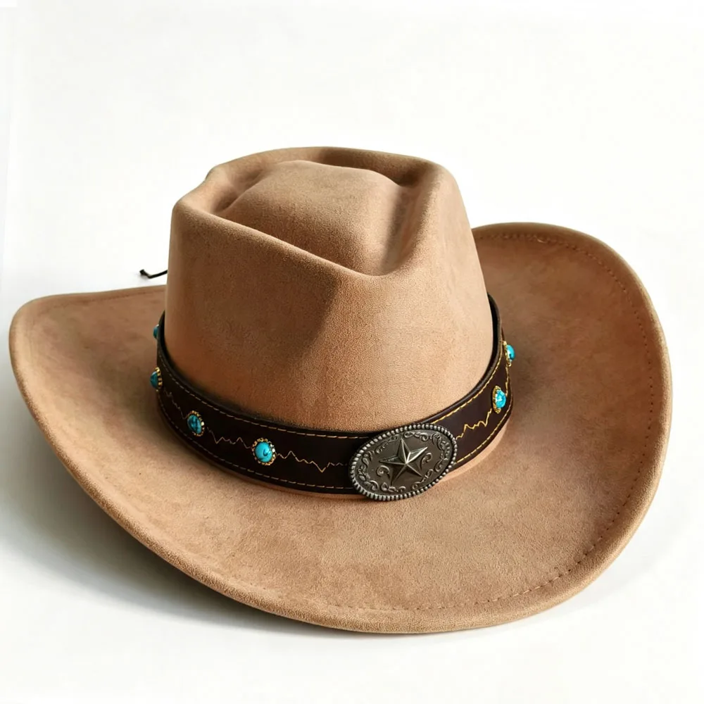 arrow crown Classic Brown Faux Suede Cowboy Hat Texas Rodeo Stage Party Costume Panama Fedora Women Men Outdoor Vacation Caps