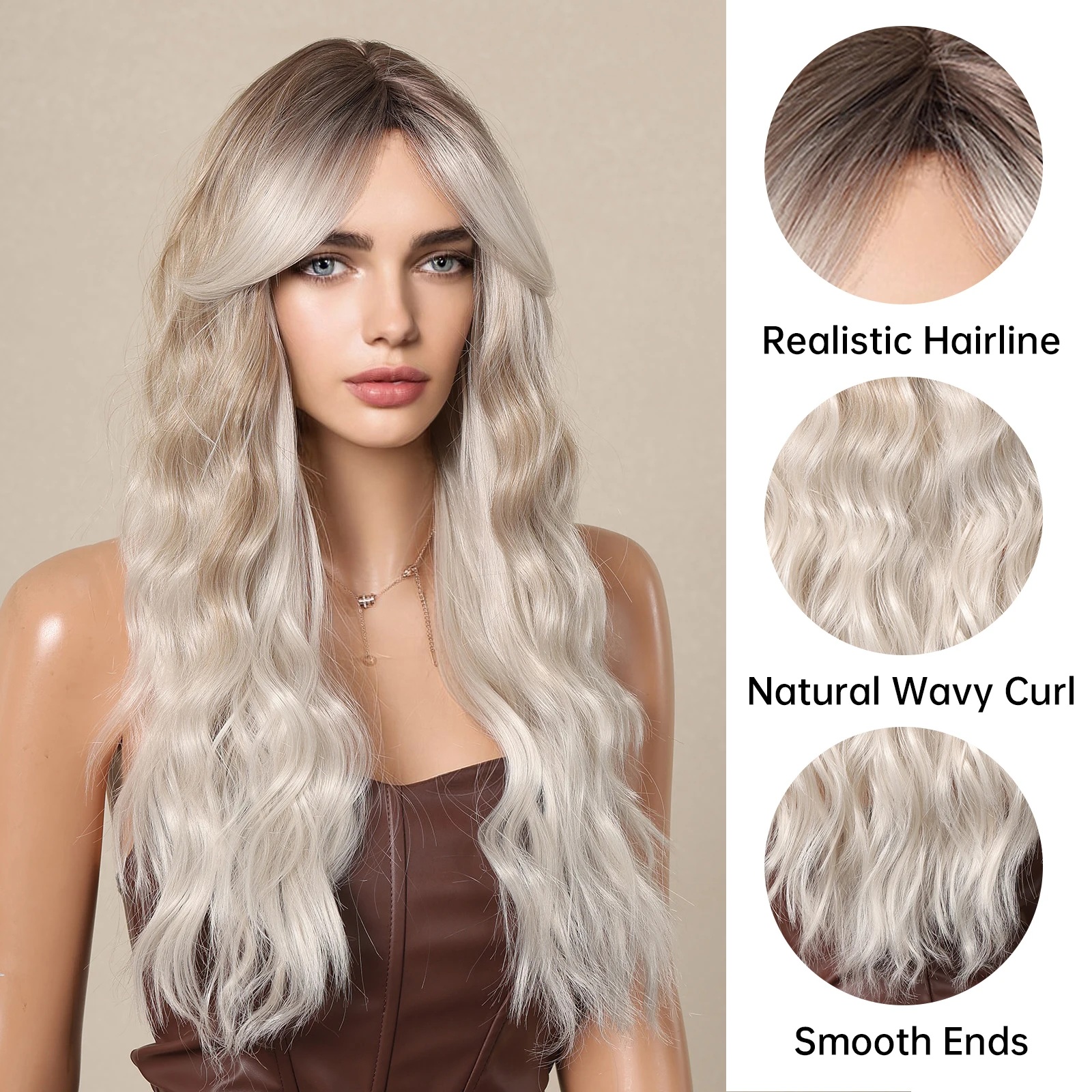 Peruca longa ondulada encaracolada com Franja para mulheres, cabelo resistente ao calor, raiz escura, cinza, platina, ombre, sintético, afro, uso diário