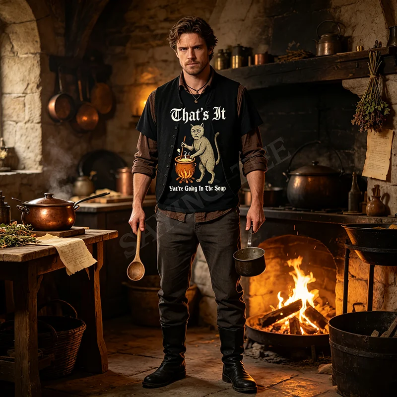 Mittelalterliches Katzen-T-Shirt mit lustigem Spruch „That's It You're Going in The Soup“, Y2k Art Cook Gag Neuheitsgeschenk, Humor-Halloween-Kostüm-T-Shirts – Detail 3