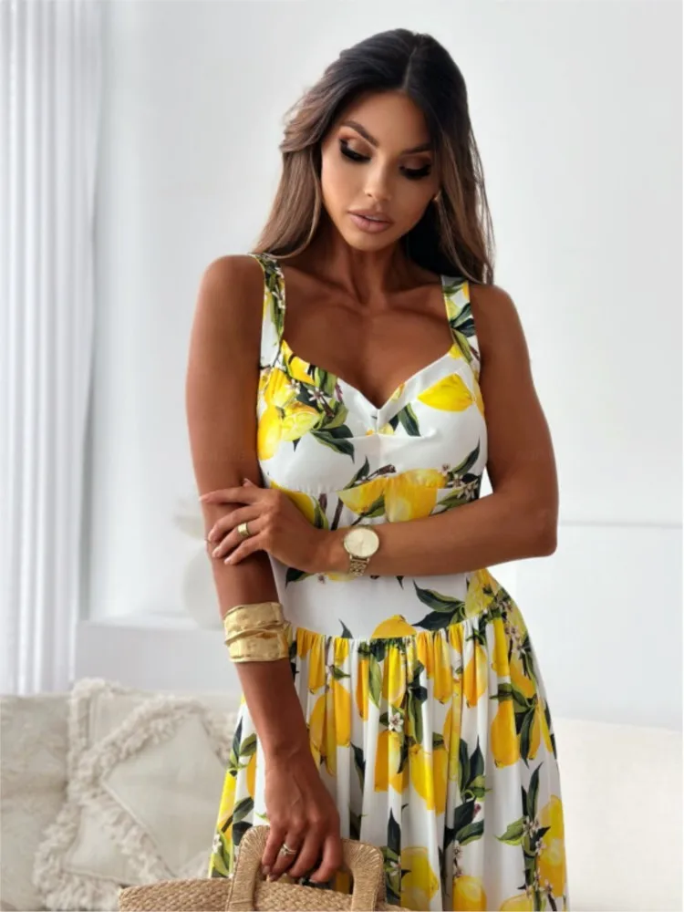 

Women's Print Dress Fashion Sexy V Neck Spaghetti Strap Long Dresses For Women Casual Elegant Beach Dress Robe Femmer Summer New