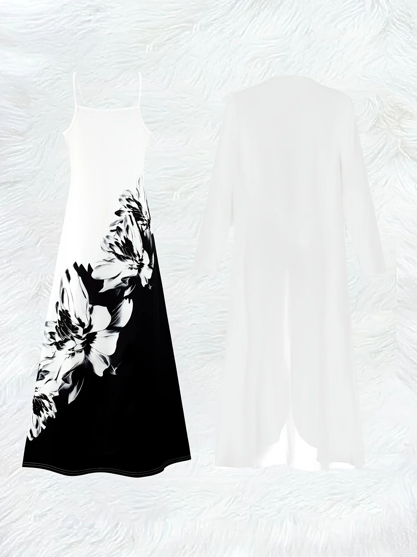 カジュアルな黒と白の花柄プリント長袖ドレスセット レディース - Midi Skirt Floral のレビューと価格