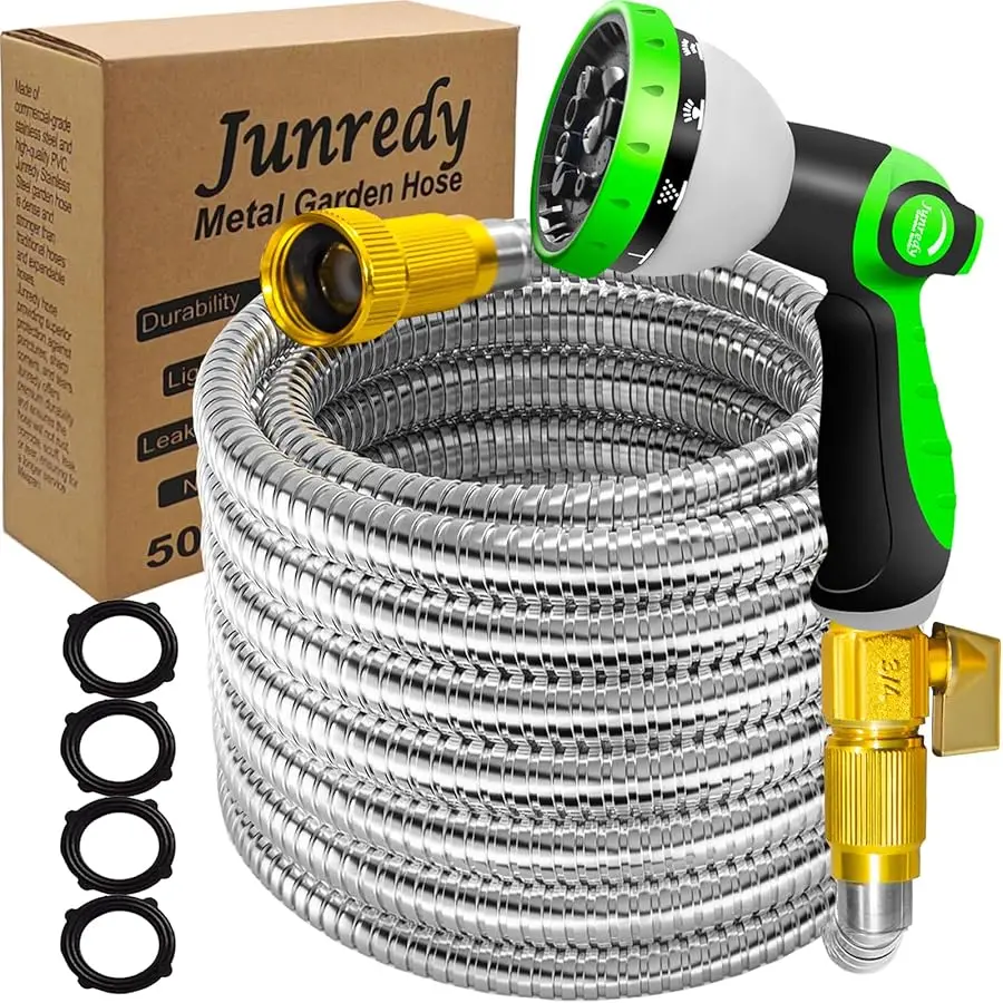 

50FT Garden Hose Stainless Steel, Heavy Duty Flexible Metal Water Hose with 10-Function Nozzle, Lightweight & No-Kink Garden Hos