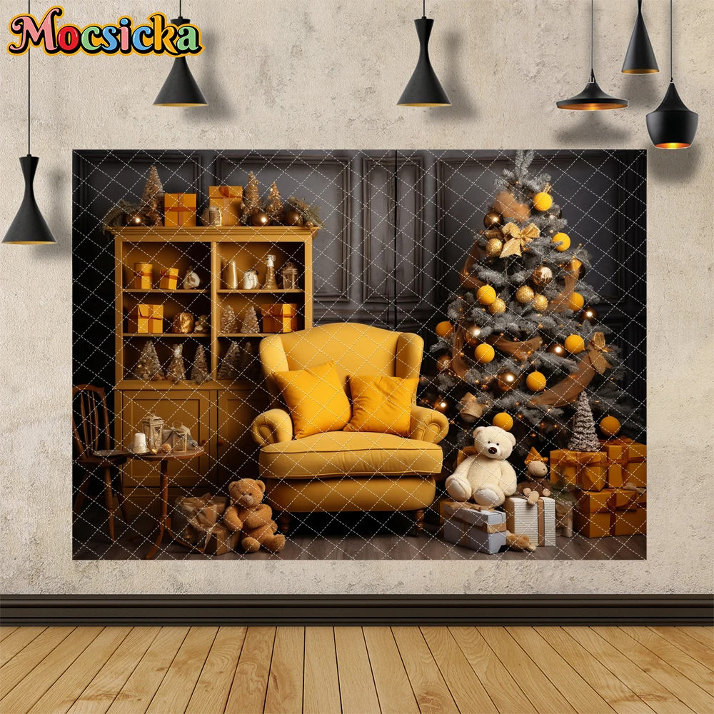 Indoor Christmas New Year Background For Children Portrait Birthday Party Photography Cabinet Sofa Bear Xmas Tree Decor Props