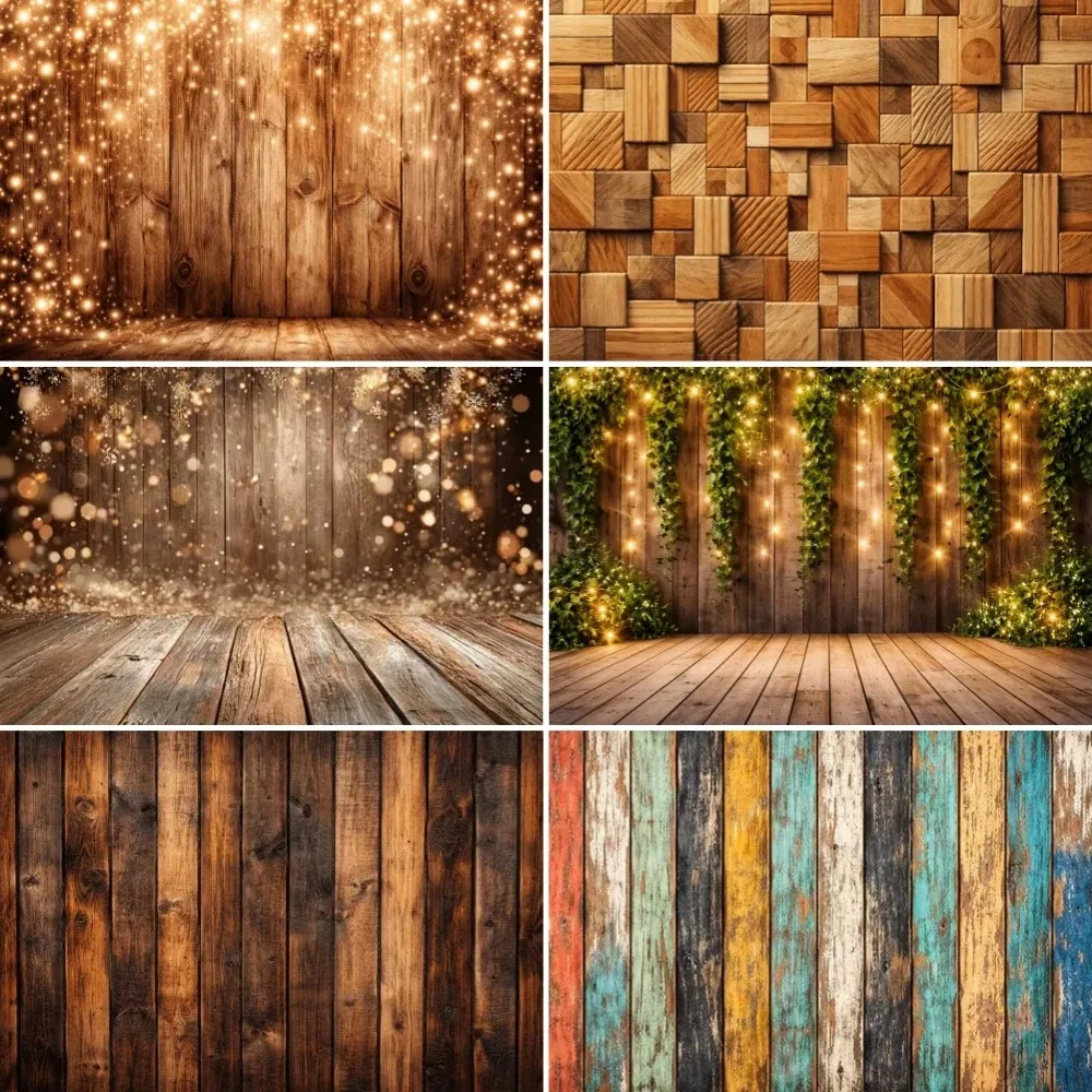 Green Vine Sparkling Pink Rural Style Wooden Floor Theme Banner Background, Birthday Party, Home Decoration Photography Backdrop