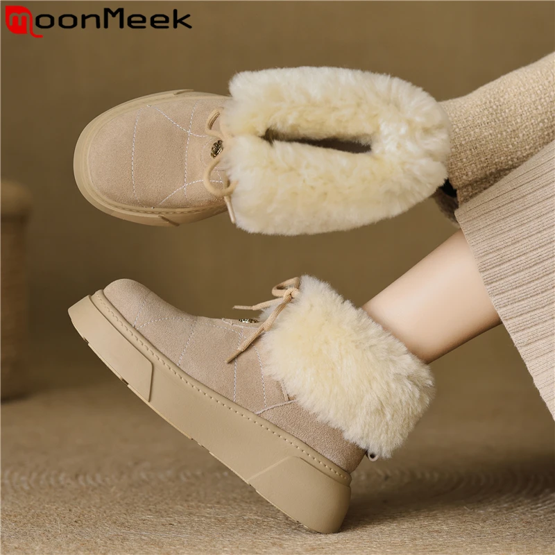 

MoonMeek Cow Suede Snow Boots Women Lace Up Wool Warm Winter Boots Platform Ankle Boots Ladies Casual Shoes
