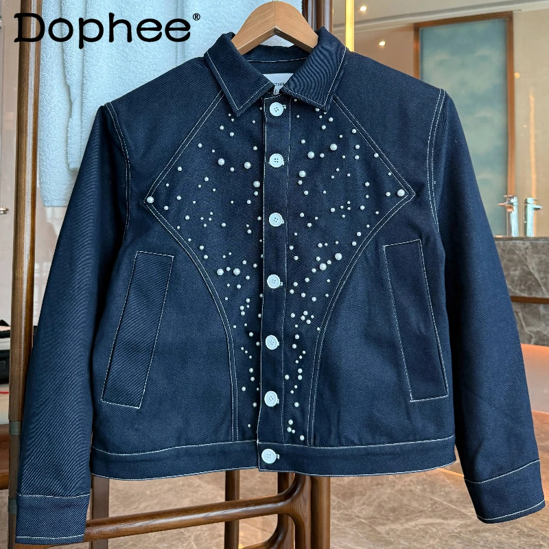 

Men's High-End Beaded Denim Jackets Men's 2025 Autumn Winter Loose Padded Shoulder Jackets Male Long Sleeve Handsome Denim Coats