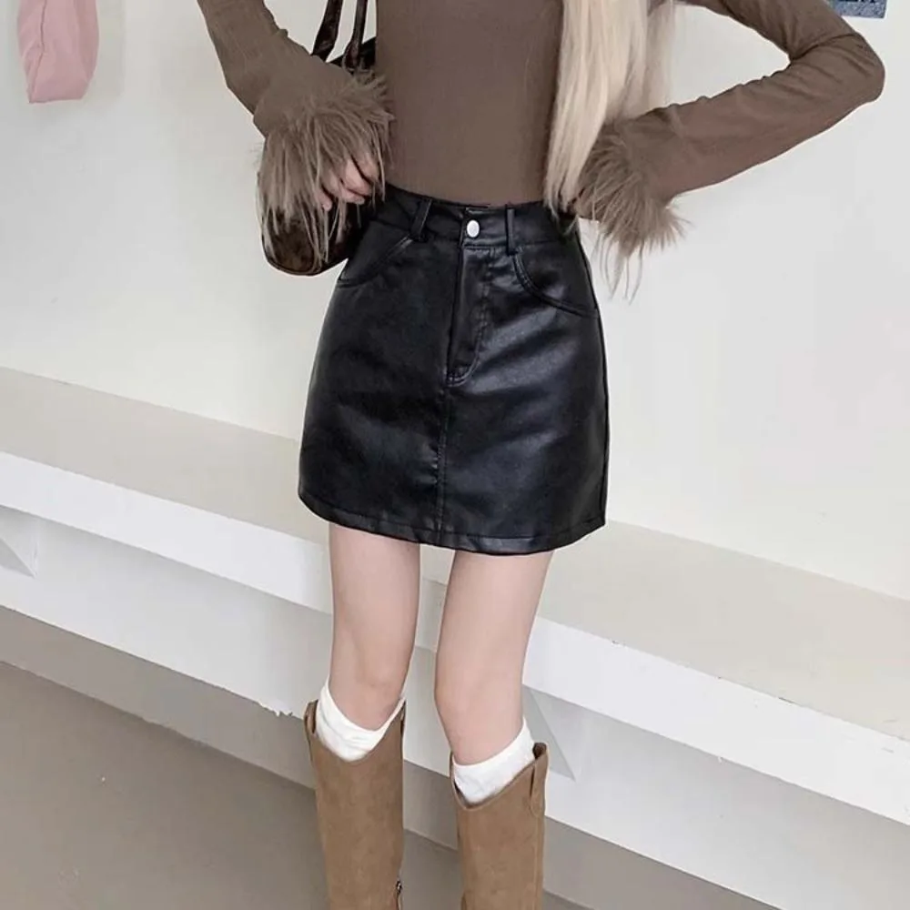 Sweet Zipper PU Leather Skirt Solid Color Slim Fit Short Mini Skirts Retro Autumn Winter Skirt with Safety Pants Girls