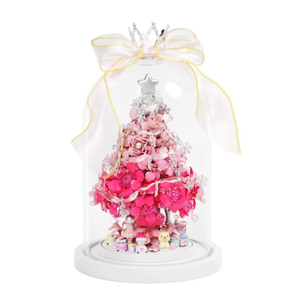 Set Blok Bangunan Pohon Natal Laut Bunga Merah Muda MOC Star Wish Dengan Lampu Mainan Spesial Festival Untuk Anak-Anak Hadiah Natal Liburan