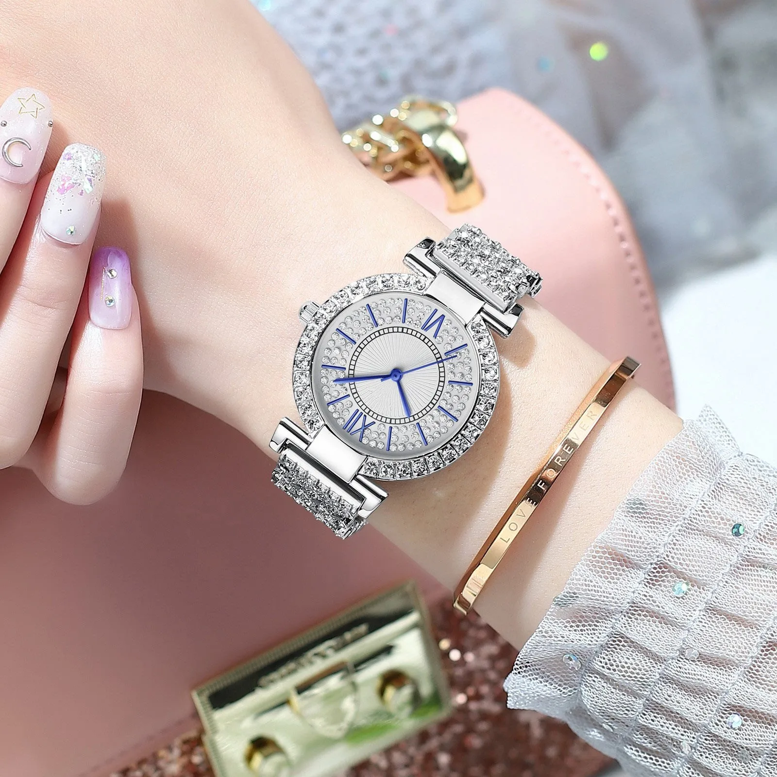 

Fashion Women'S Quartz Watch Luxury Business Wristwatch For Ladies Inlaid With Rhinestone Steel Band Chain Watch Relogio