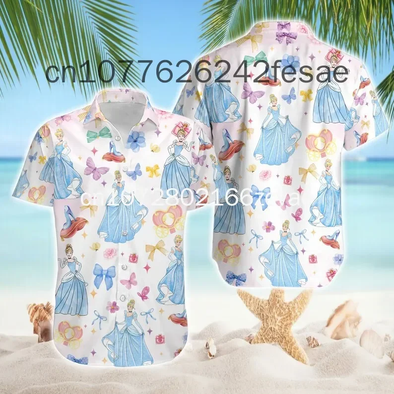 Camisa hawaiana de princesa cenicienta de Disney para hombres, mujeres y niños, camisas de manga corta, camisas hawaianas de princesa de Disney, camisa de playa