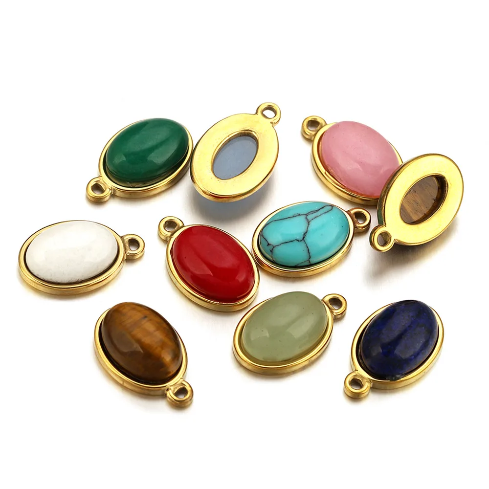 3pcs/lot Stainless Steel Ellipse Tiger's Eye Turquoise Charms for DIY Handmade Earrings Necklace Bracelet Jewelry Making Finding - view 2