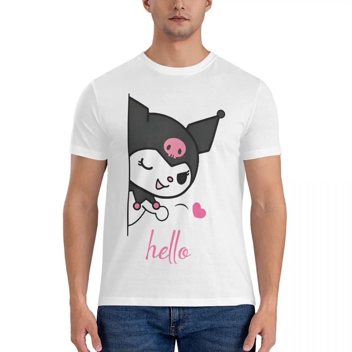 Sanrio Cartoon Character T-Shirts for Men Kuromi Vintage Cotton Tee Shirt Crew Neck Short Sleeve T Shirt Gift Idea Tops