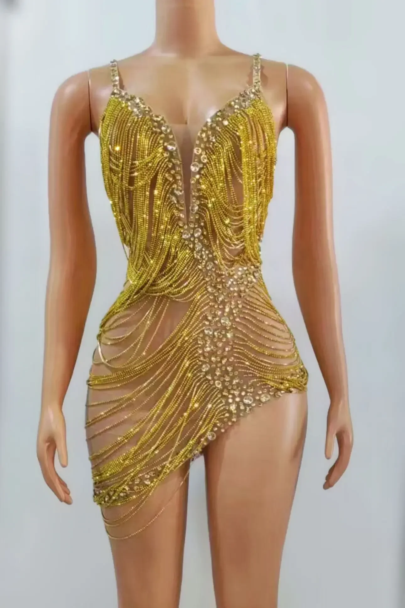 Rhinestones Short Dress Evening Transparent Chain  Birthday Celebrate Costume Women Dance Sexy rave outfits