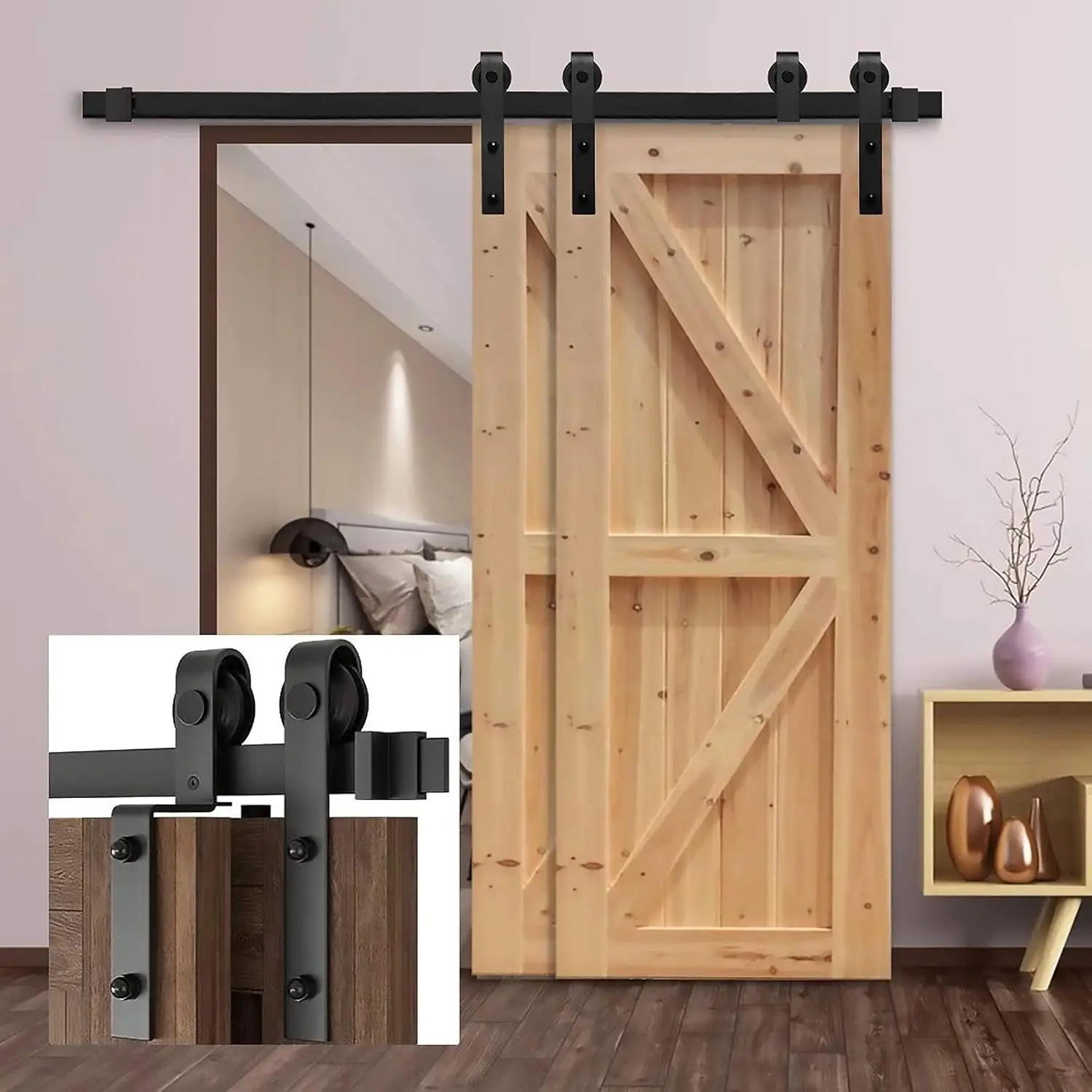 Sliding Barn Door Kit 4Ft-13Ft Bypass Sliding Barn Door Hardware Kit, Bent Hanger Single Track, Dou Wooden Doors Use, Black