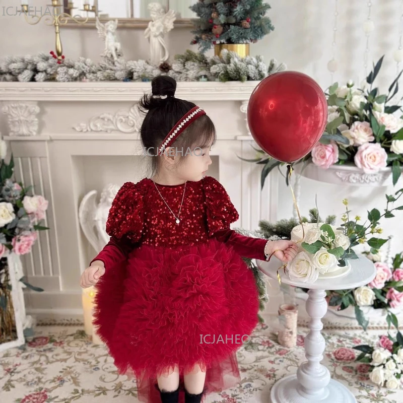 Burgundy Sequin Girls Princess Dress Vintage New Year Birthday Party Gown Puffy Tulle Celebration Pageant Flower Girl Outfit