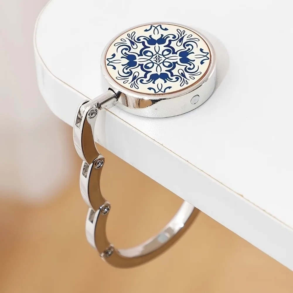 Folding Desktop Stand Hook Zinc Alloy Circular Table Edge Hook Hanging Blue and White Porcelain Design Tote Holder