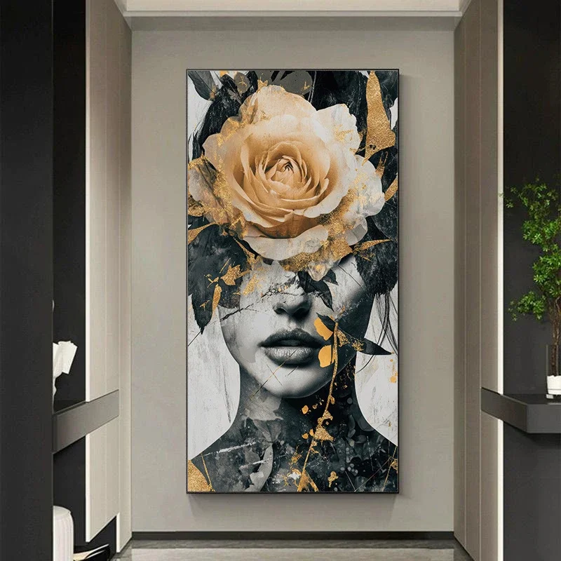 Modern Abstract Floral Gold Foil Woman, Fashion Feminine And Floral Design, Suitable For Living Room,Hallway Decor,No Frame