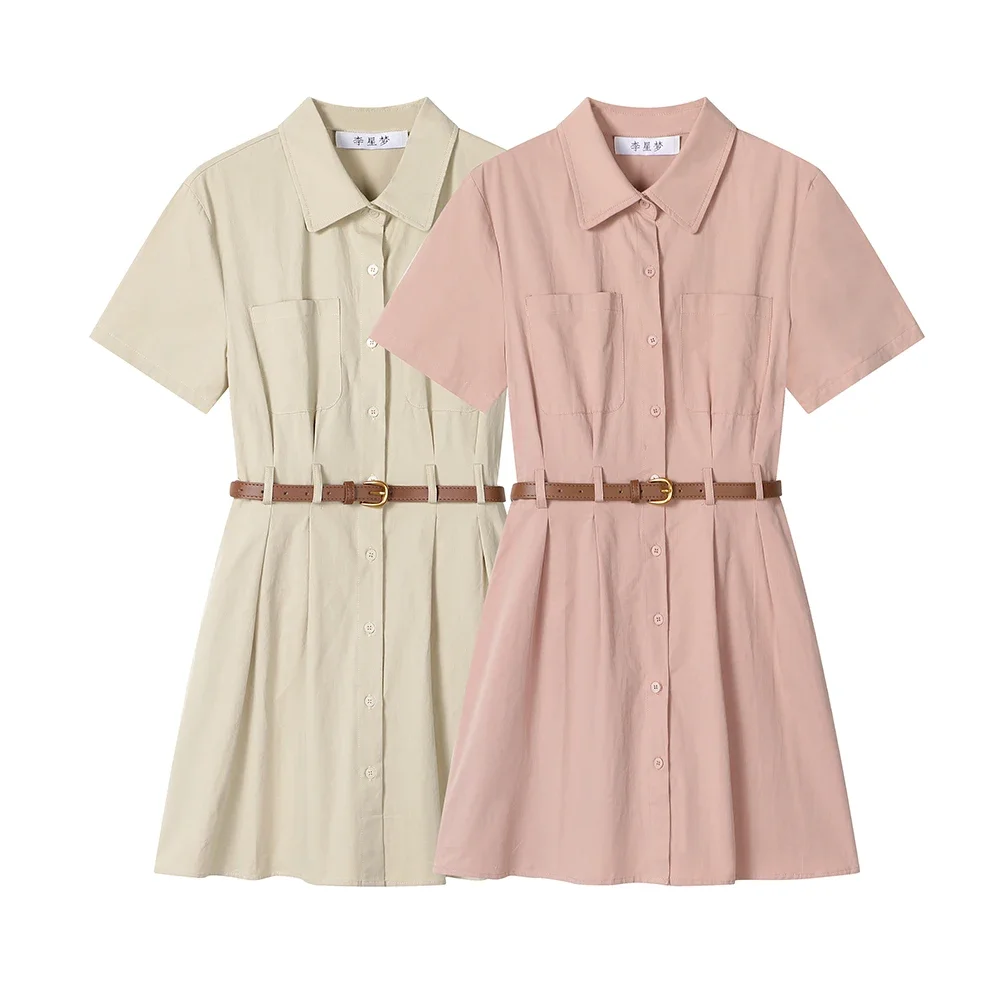 

Women Summer Polo Neck Dress High Quality Casual Waist Short Sleeve A-line Dress Ladies Clothes