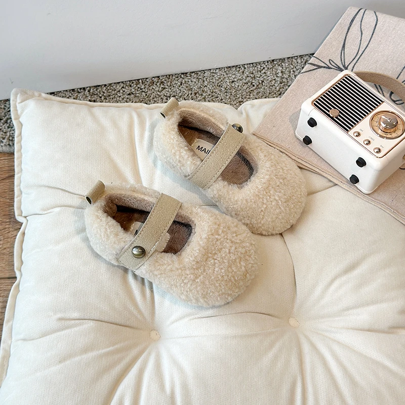 2025 Winter New Fur Cover Toe Light Warm Kids Casual Shoes Children Flats Plush Warm Non-slip Leisure Comfy Boys Girls Shoes