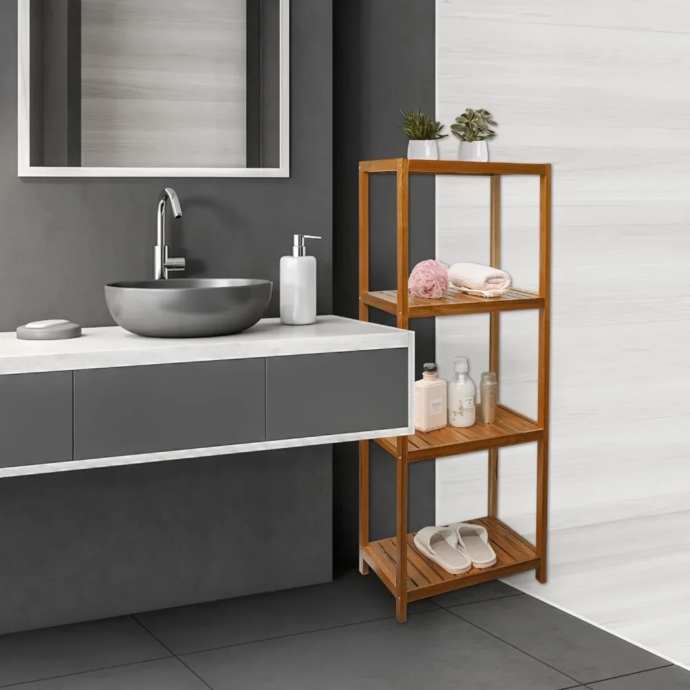 

2023 Новая полка для ванной комнаты из тикового дерева, 4-уровневая полка для хранения, деревянная полка-органайзер
