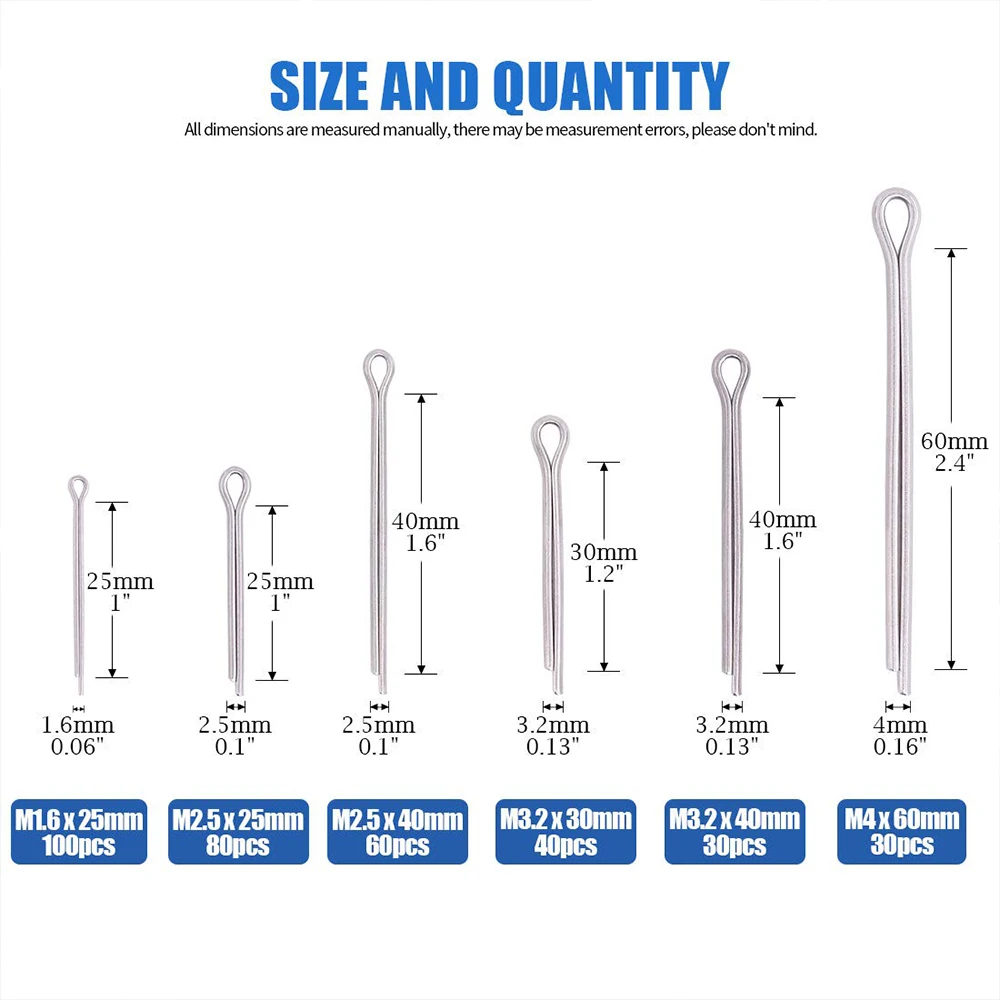 340 قطعة 6 أحجام 304 الفولاذ المقاوم للصدأ كوتر دبوس مجموعة متنوعة قوي قفل دبابيس مجموعة للاستخدام الميكانيكي RV دبابيس معدنية صغيرة