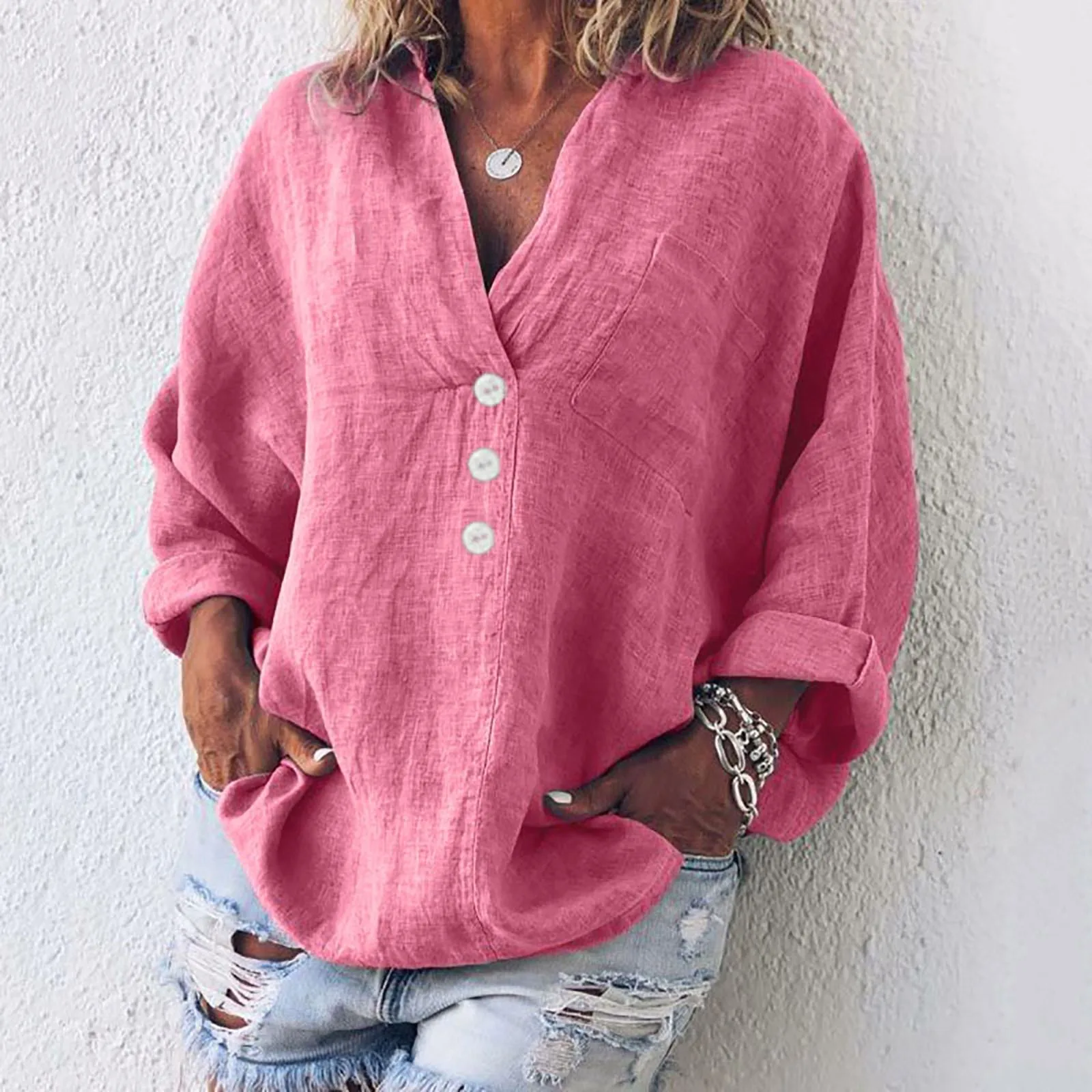 

2024 Ladies Long Sleeve Women'S Shirt Top Casual Loose Round Neck V Neck T Shirt Elegant Female Solid Color Long Version Top