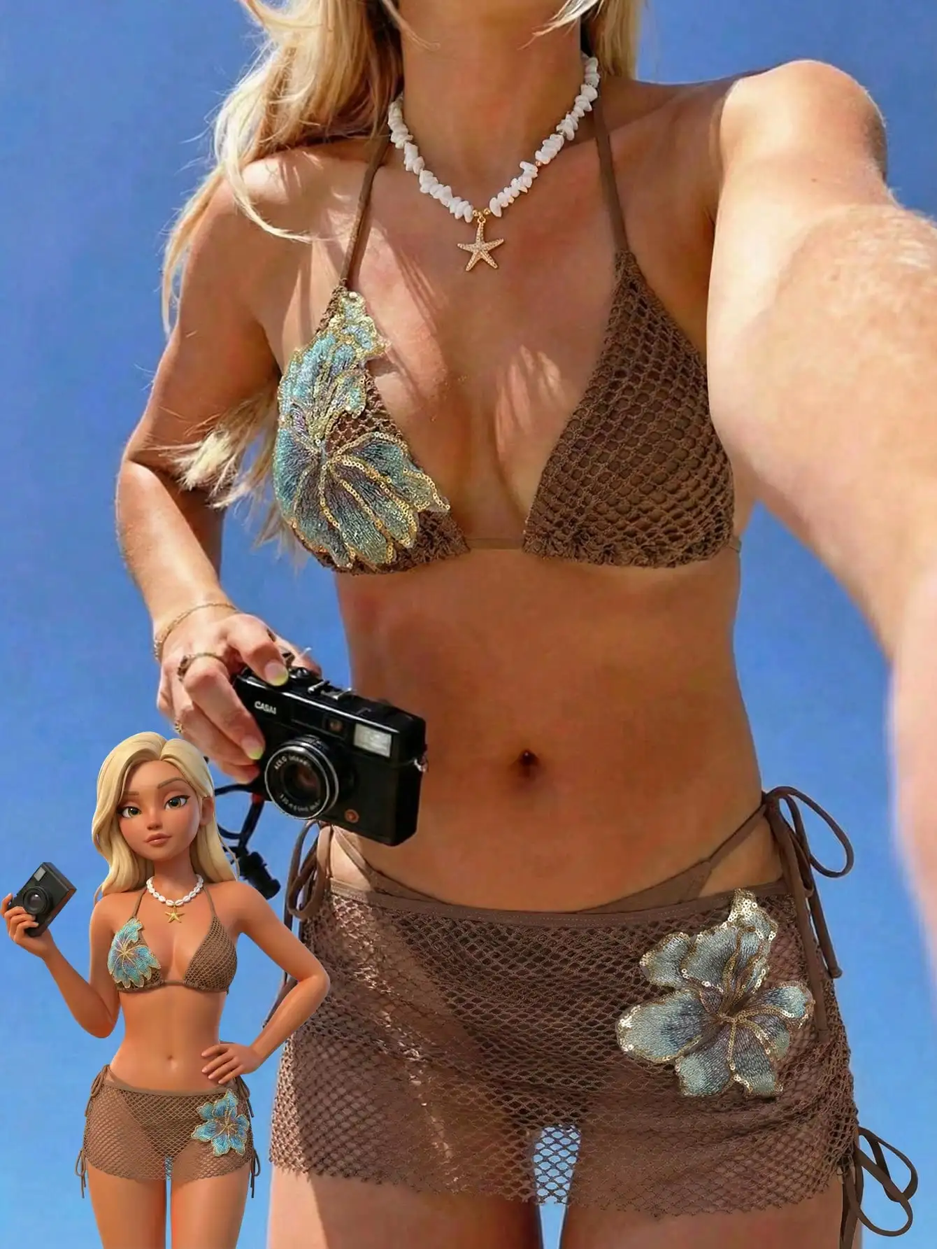 

Коричневый сетчатый бикини из двух частей с цветочными аппликациями и подходящей юбкой для летнего пляжного отдыха