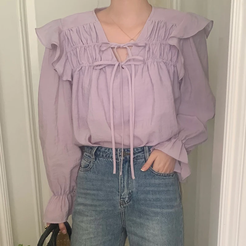 

Ele Purple Long Sve irt женский дизайн с кружевной отделкой, модный топ, весна-лето, новое поступление