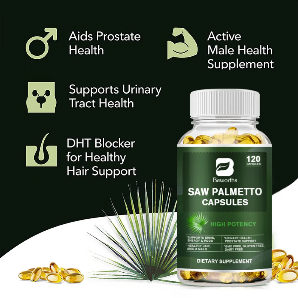

Saw Palmetto Extract Capsules Prostate Health Supplement DHT Blocker Hair Growth for Mens Help Normal Urination Frequency