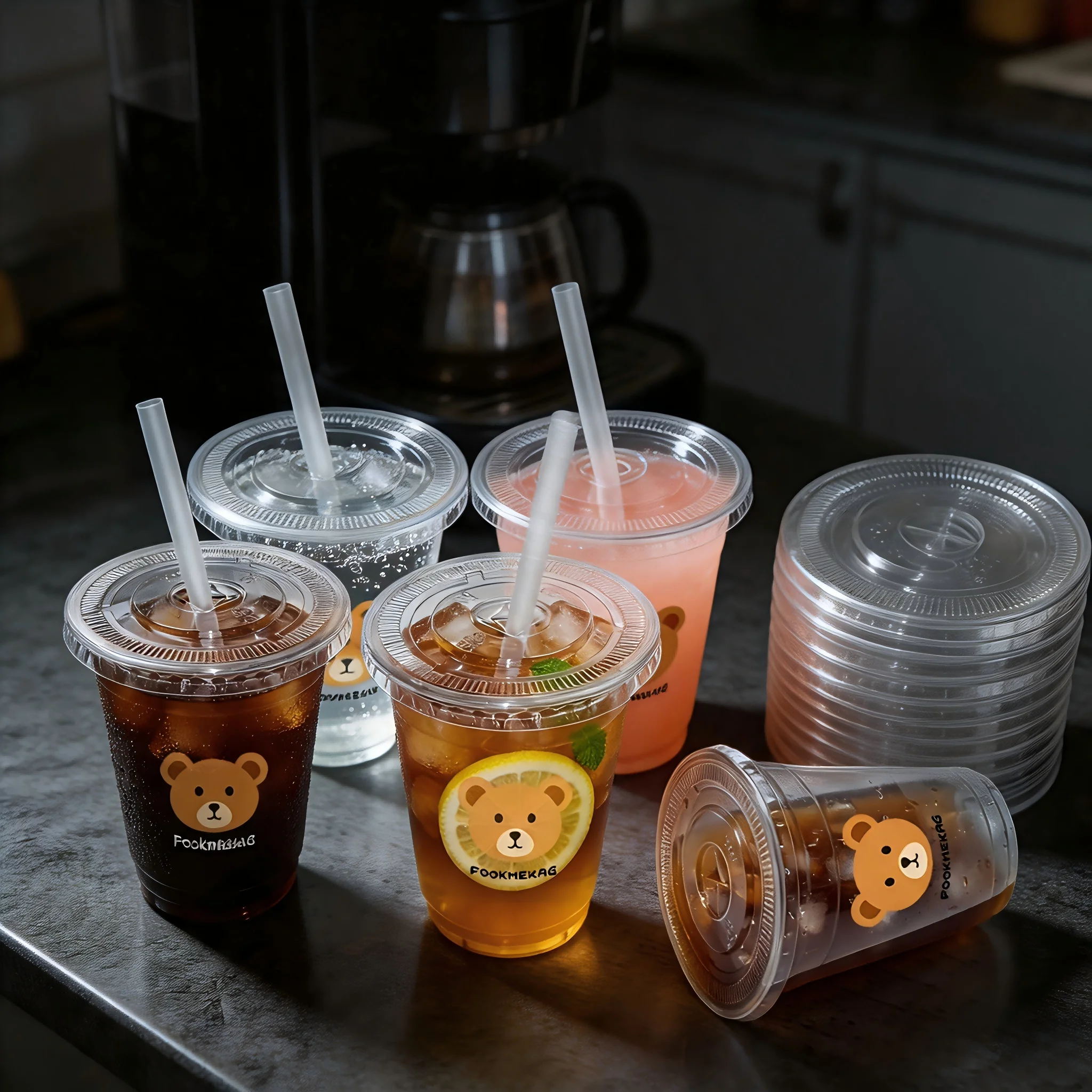 100 Sets Clear PET Reusable Cold Drink Cups with Straws, 16oz Cute Bear Printed Plastic Tumblers, Freezer-Safe Only For Cold Beverages, Ideal For Iced Coffee, Smoothies, Bear Themed Parties, Holiday Gatherings & Family Events