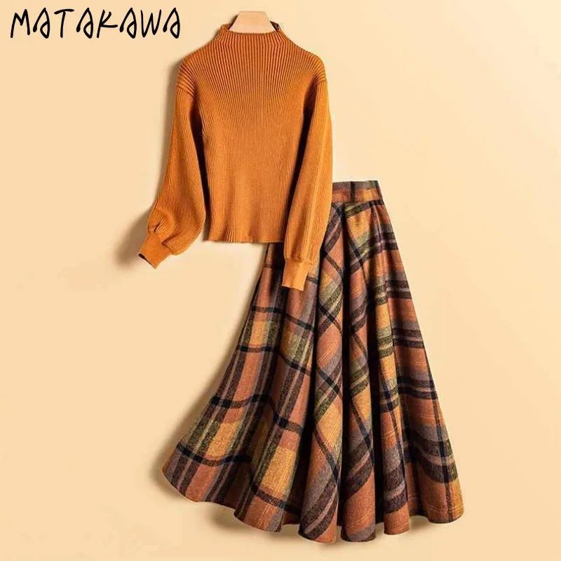 Matakawa conjuntos de saias de malha xadrez vintage outono inverno elegante 2 peças conjunto roupas femininas moda coreana conjuntos femininos