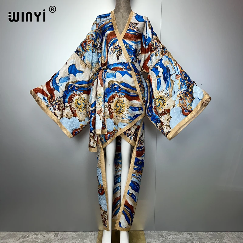WINYI Summer Beach Wear Cover Up Lady Irregular cardigan printing elegant Silky and skin-friendly sexy Holiday Kimono maxi dress