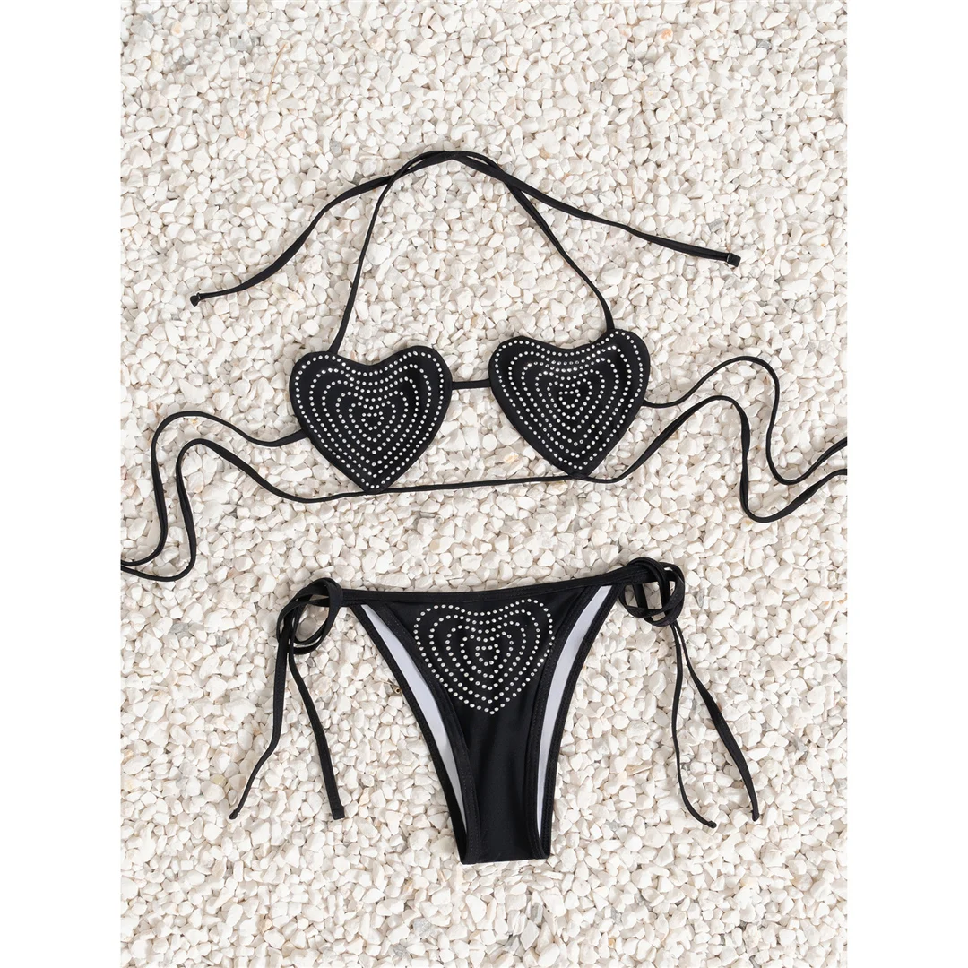 Pailletten-Bikini mit Neckholder, Damen-Badeanzug, zweiteiliges Bikini-Set, hoch geschnittene Beine, mit Trägern, Badebekleidung, Badeanzug, Modell V7747. – Detail 4