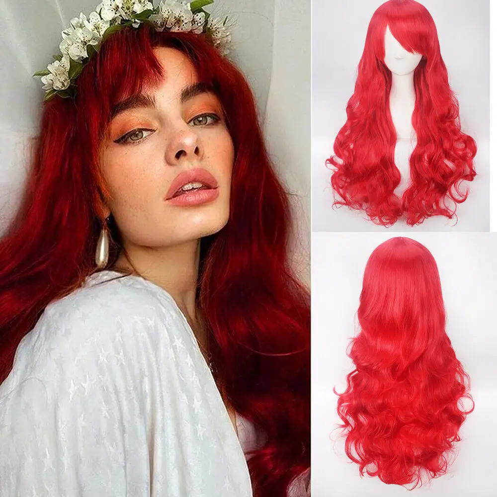 Long Red Wavy  for Women Cosplay Synthetic Natural Curly Hair with Bangs wig