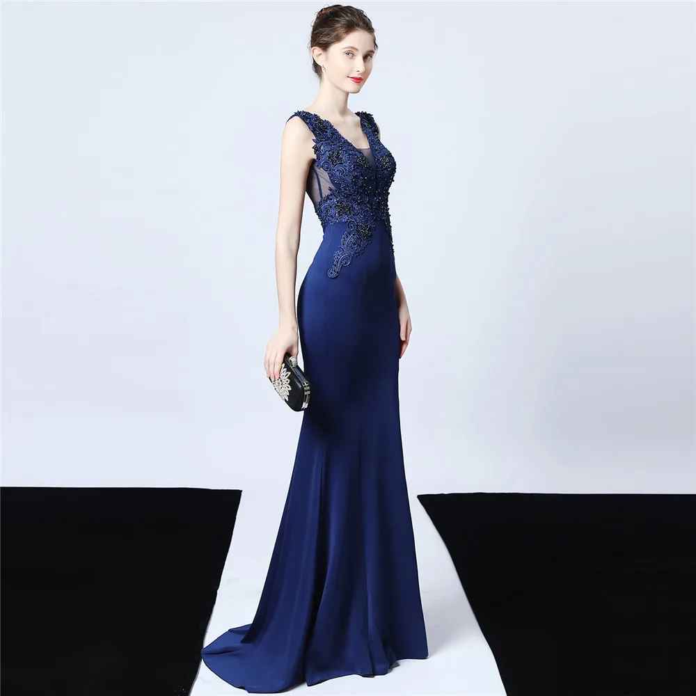 Plus Size Navy Blue Mermaid Evening Dress Exquisite Crystals Appliues Illusion Satin Long Formal Gowns For Women Dropshipping