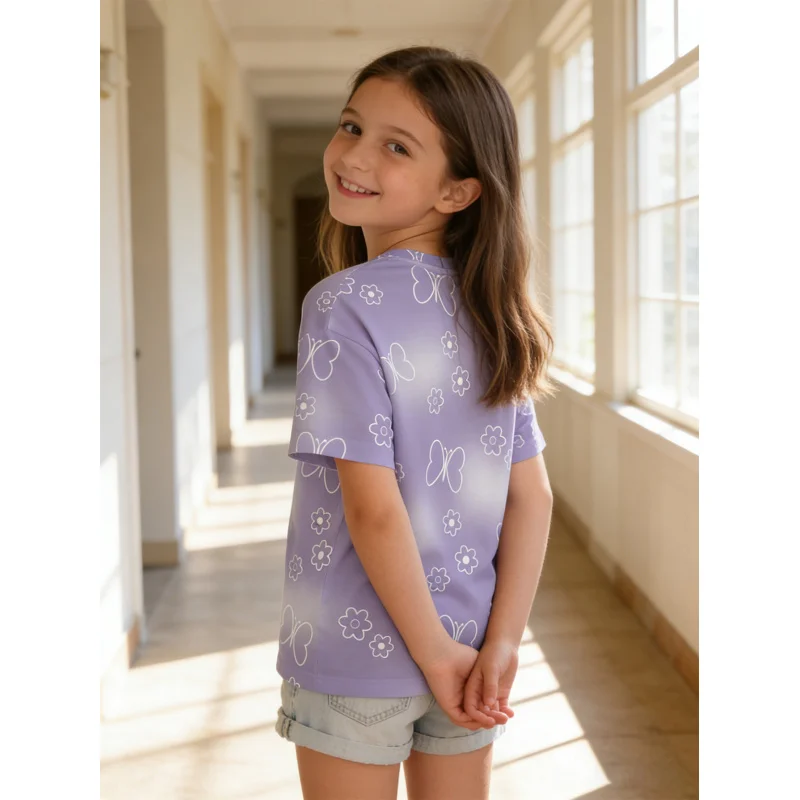 2026Girls' light purple gradient white butterfly and floral print short-sleeve shirt T Shirt Casual summer tops